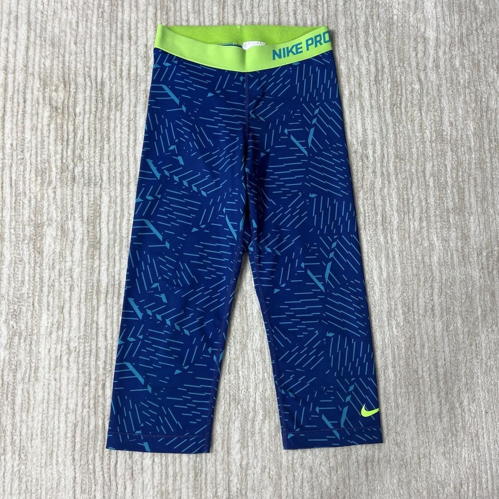 Nike Pro Womens Geometric Blue Cropped Capri Legging Yoga Pants Small EUC
